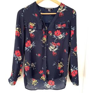 Primark Women's Size 0 Long Sleeve Navy Blue Floral Blouse V-Neck Boho Pocket